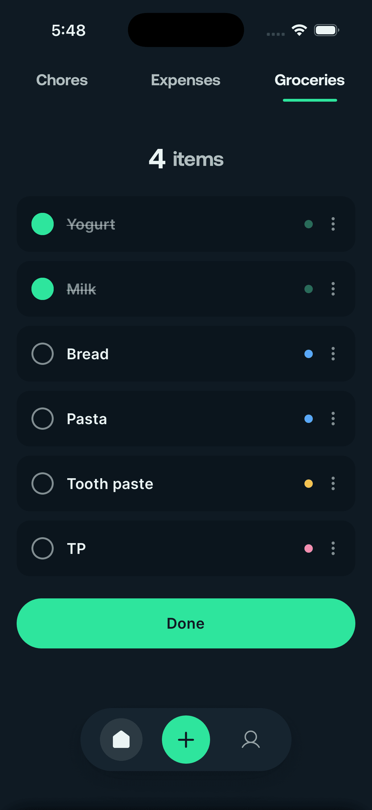 The shared grocery list in the Housemates app, with yogurt and milk ticked off and bread, pasta, toothpaste, and TP still to buy.