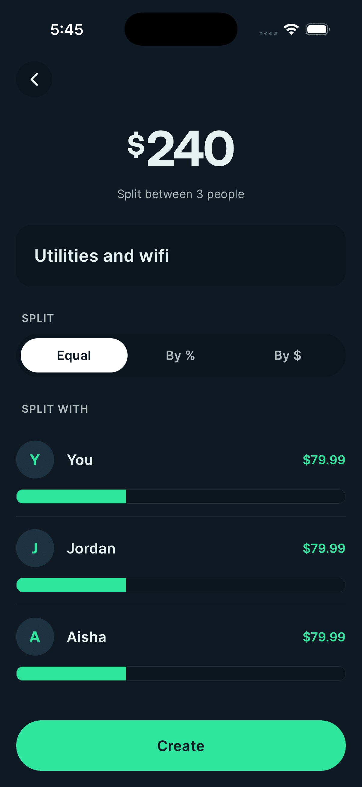 The Housemates app splitting a $240 utilities and wifi bill equally between three housemates, $79.99 each.